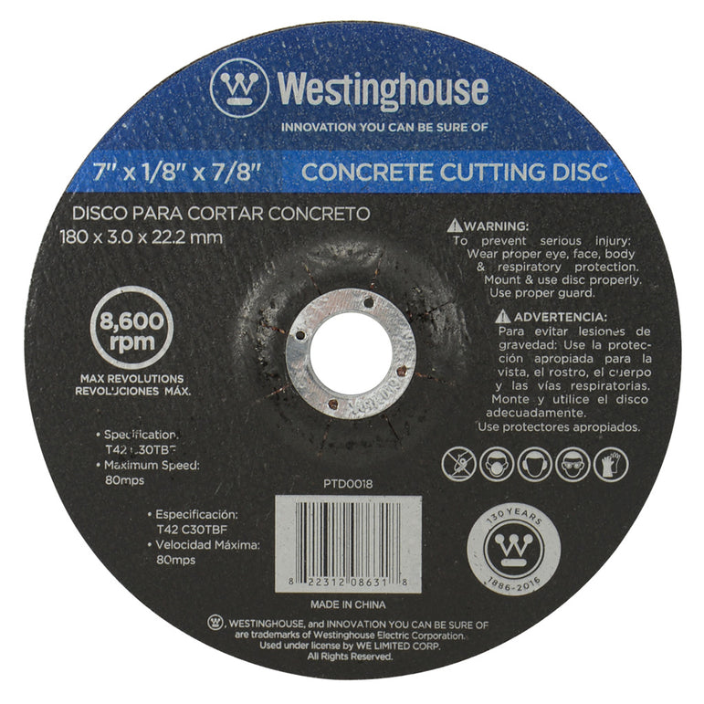 Disco Para Cortar Concreto 7"X1/8"X7/8" Westinghouse